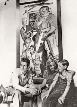 Berta, Jan und Götz George vor dem Gemälde Familienbild Heinrich George, Berlin-Wannsee im Sommer 1950